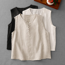 实拍2025夏季新款休闲宽松纯色棉麻背心圆领无袖T恤女上衣#9035