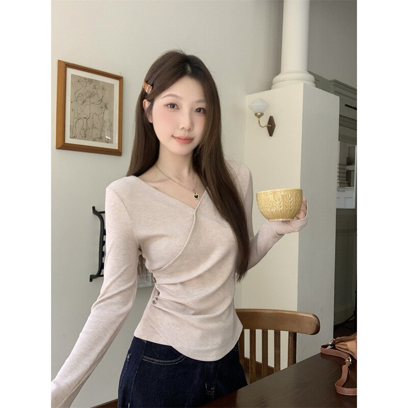 Women's Long-Sleeve T-Shirt for Summer and Autumn, V-Neck, Slim Fit, Waist-Cinching, Slimming, Irregular Design, Short Style, Inner Layering Top