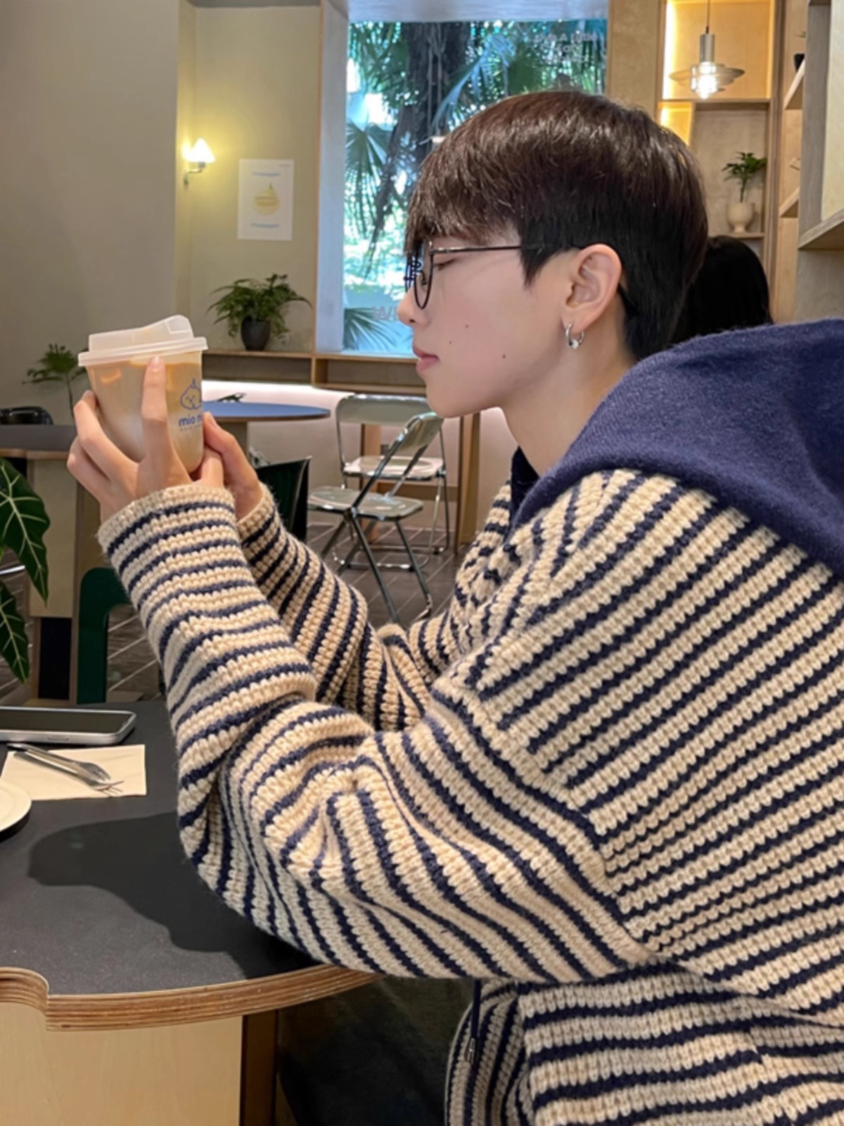 条纹连帽毛衣男秋冬季美式复古潮牌青少年慵懒休闲宽松针织衫外套