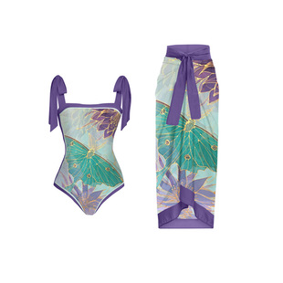 Dreamy Purple and Green Printed One-Piece Swimsuit with Wrap Skirt, Personalized Butterfly Pattern Printed Lace-Up Swimsuit, Women's Beach Skirt
