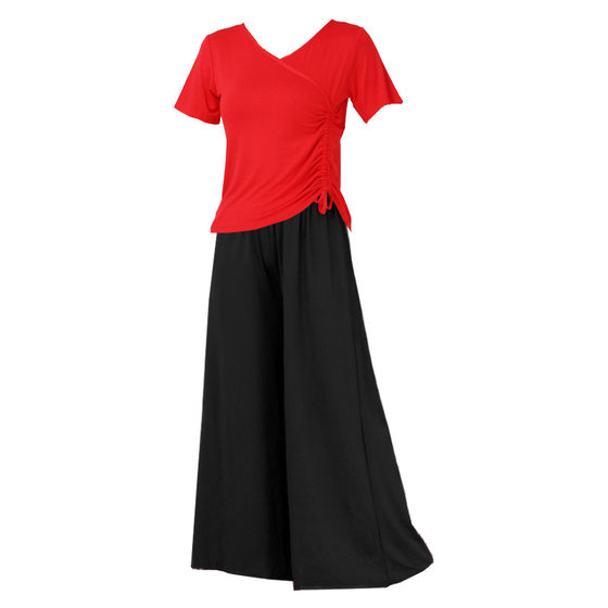 Square Dance Clothing suit Spring and Summer V-Neck Drawstring Short-Sleeved Wide-Leg Pants Dancing Clothes Sports Aerobics Training Clothes