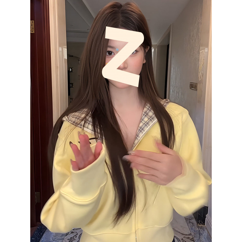 美式复古奶黄活力拼接格子连帽开衫卫衣秋冬短款外套2025年新款