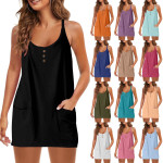 2025K跨境亚马逊女式休闲纯色吊带V领纽扣套头无袖连衣裙纽扣