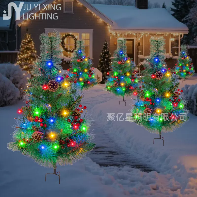 LED大号太阳能草坪圣诞树灯75CM高仿真松针圣诞树装饰庭院灯跨境