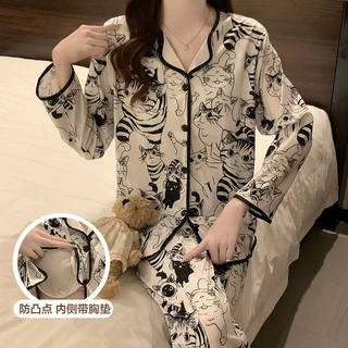 高级睡衣女款春秋季长袖开衫云朵棉女士家居服套装带胸垫可外穿