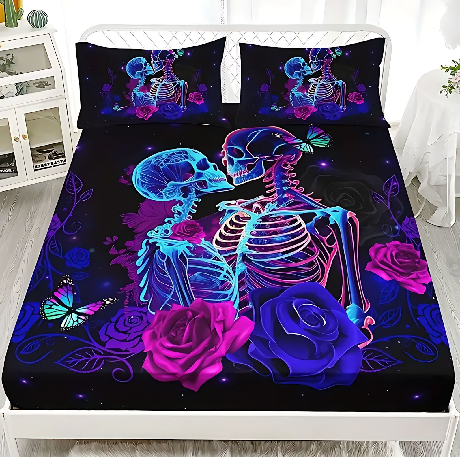 TEMU / JIT serie de esqueleto oscuro impresión digital de alta definición cama molida cama caseta colchón conjunto de ropa de cama