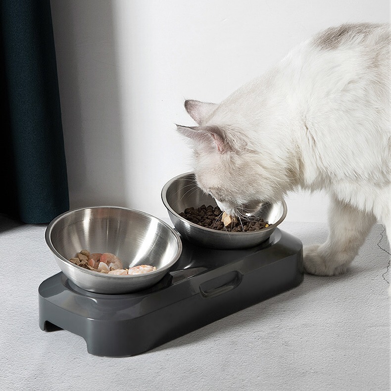 Pet Stainless Steel Cat Bowl Adjustable Cat and Dog Food Basin Pet Adjustable Tilt Neck Protection Bowl Cat Food Basin Single and Double Bowls