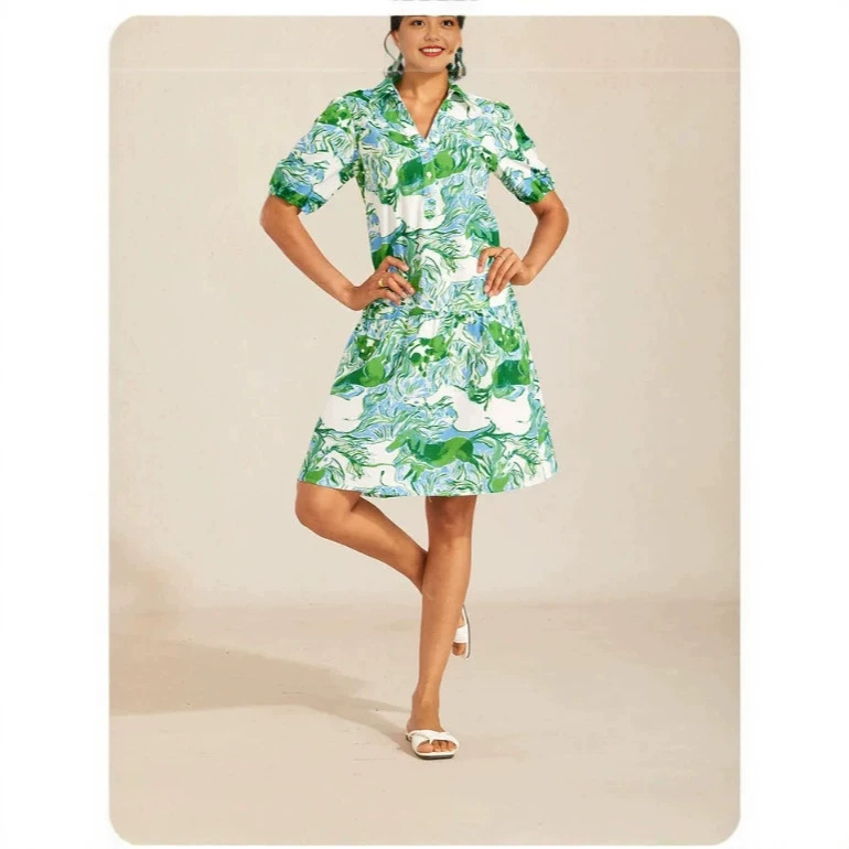 European and American cross-border foreign trade 2026 Amazon new model mid-length dress with pony print and shirt collar in linen look European and American cross-border foreign trade 2026 Amazon new model mid-length dress with pony print and shirt collar in linen look