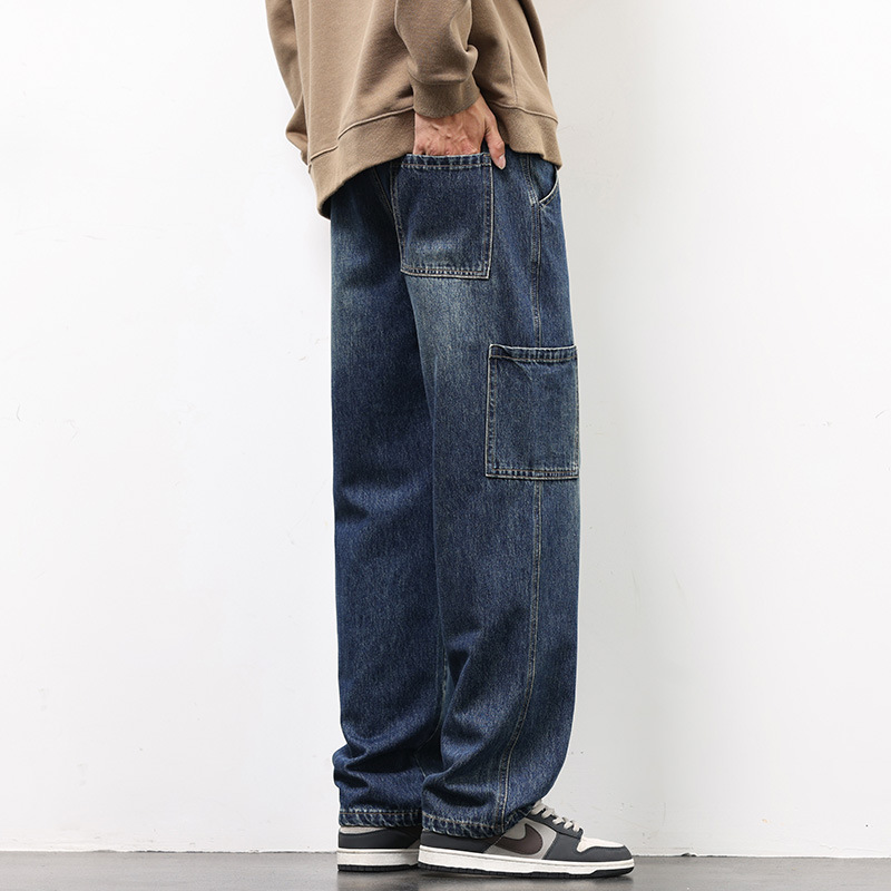 Spring and Summer Thin Workwear Jeans for Men, Dark Blue Straight-Leg Pants with Side Pocket Patchwork, Vintage Distressed, Breathable and Comfortable Long Pants Spring and Summer Thin Workwear Jeans for Men, Dark Blue Straight-Leg Pants with Side Pocket Patchwork, Vintage Distressed, Breathable and Comfortable Long Pants