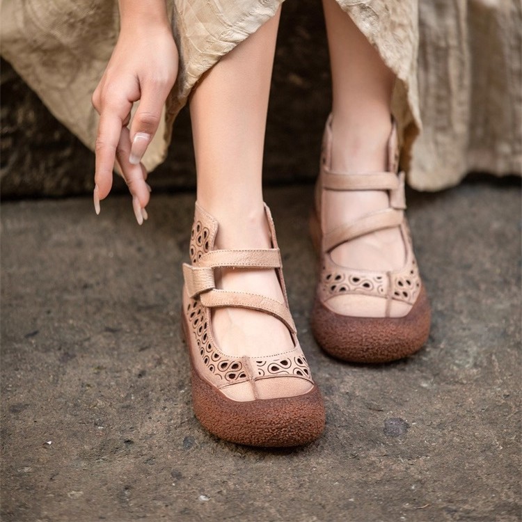 Women's Retro Comfortable Low Cut Shoes with Velcro Slip-On Design Hollow out Breathable Thick Soled Casual Shoes for Autumn_voghion.com