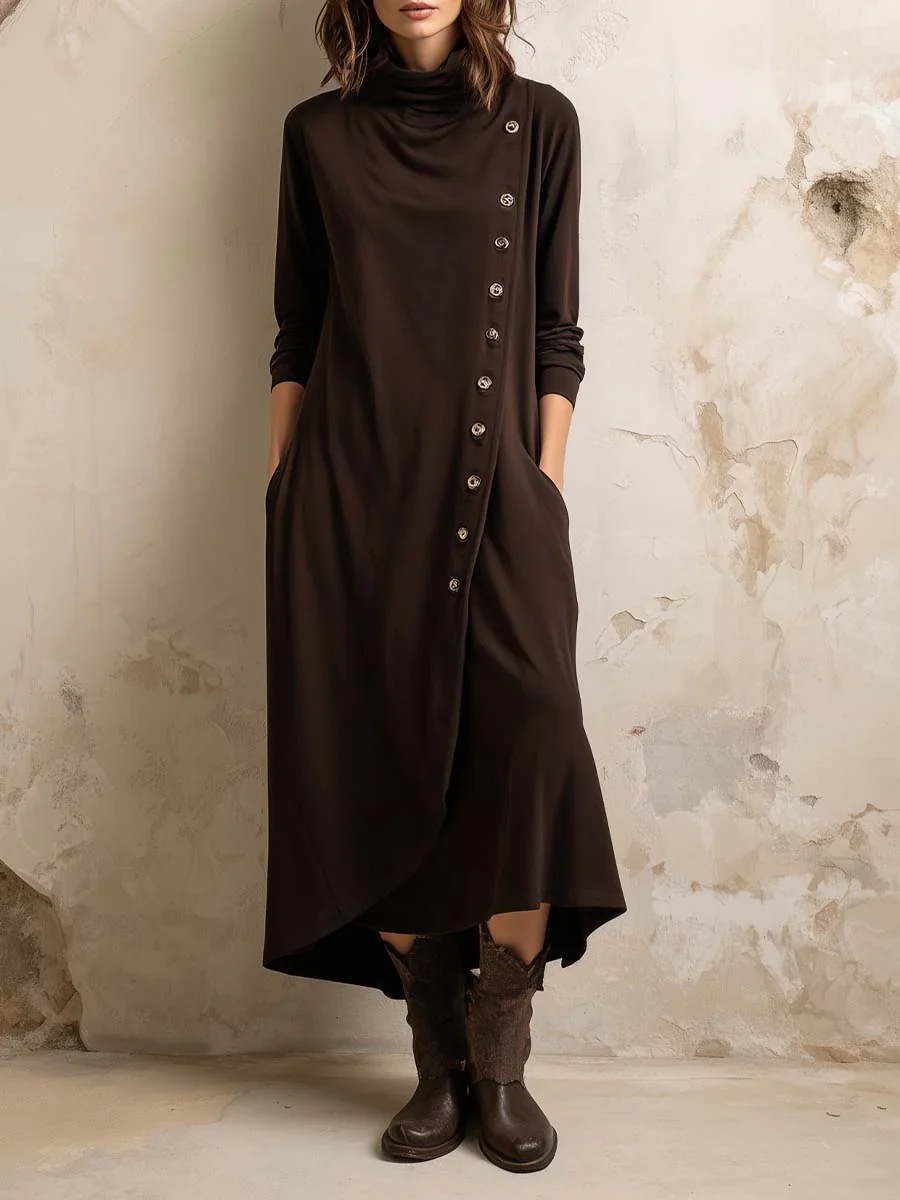2025 European and American Women's Clothing Amazon Independent Site High Collar Flap Pocket Pants Pure Color Button Long Sleeve Elegant Dress