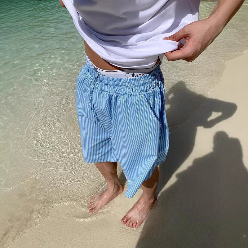 American Street Striped Blue Casual Shorts Men's Summer Trendy Loose Quick-Drying Breathable Drawstring Beach Shorts