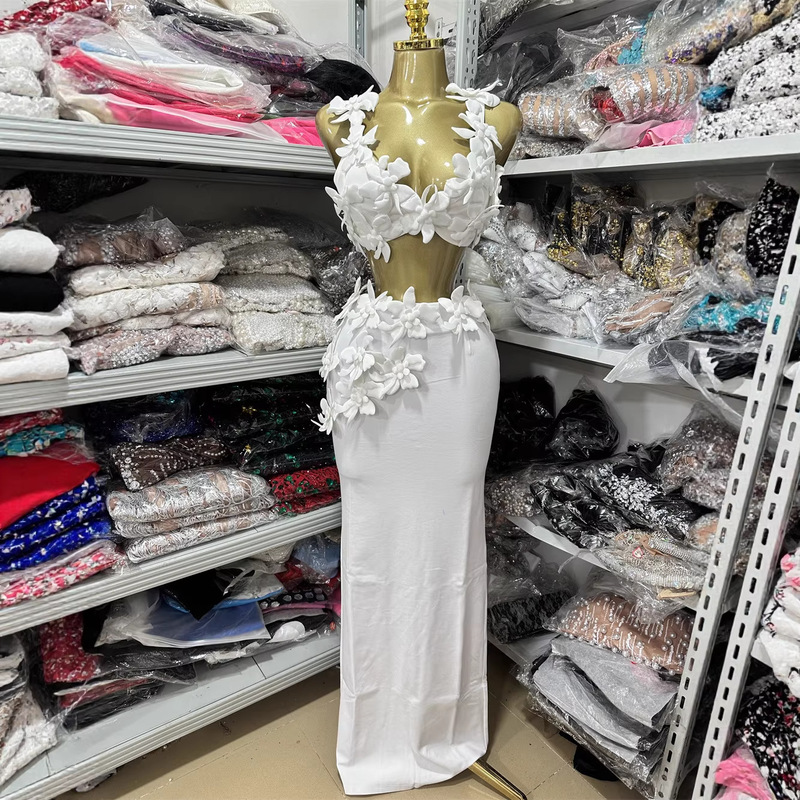 European and American New Style Sexy and Elegant Party Evening Dress with Hollow-Out Floral Embellishments, Halter Top + Skirt Set