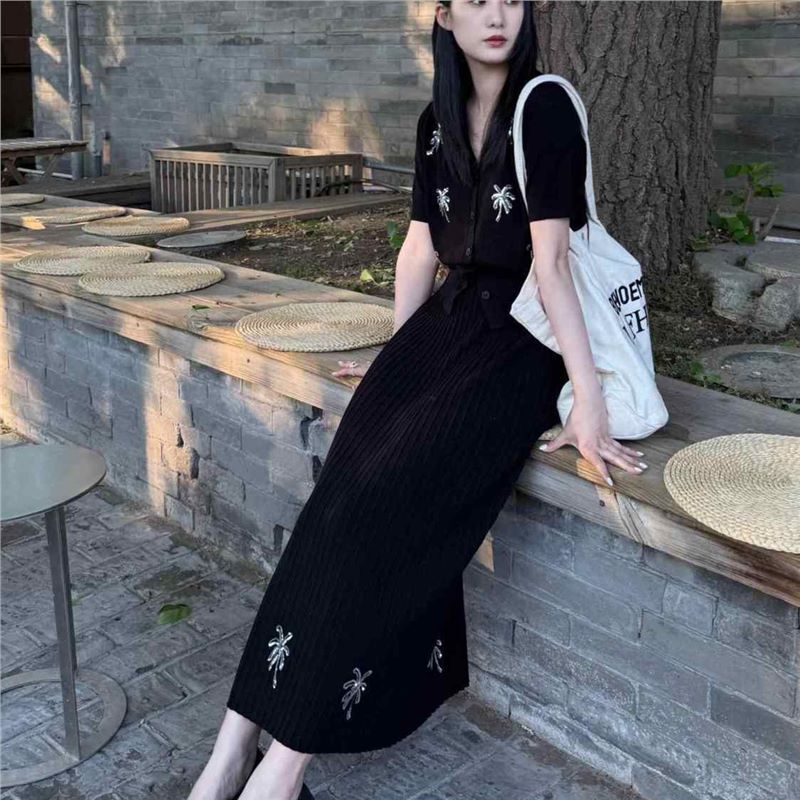 大码胖mm黑色套装女夏季爆款高级感绝美气质穿搭上衣半身裙两件套|undefined
