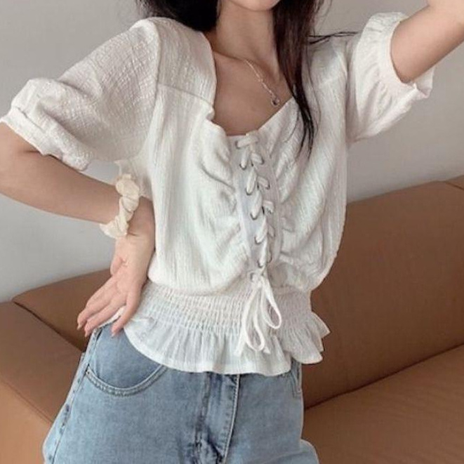 万能シャツ スクエアネック レースアップ 2025年新作 レディース ウエストシェイプ ゆったりトップス スリムフィット 着痩せ効果 半袖 シフォンシャツ