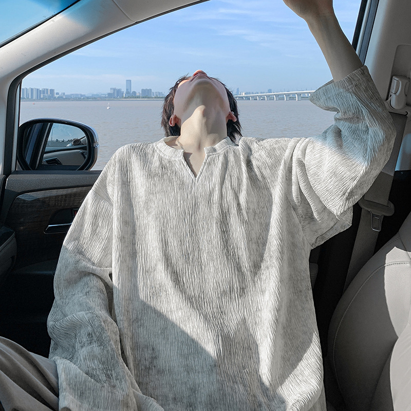 New American High Street V Neck Tie-Dye Textured Large Size Bottoming Shirt Long-Sleeved T-Shirt Men's T53981-Special P25 Control 48