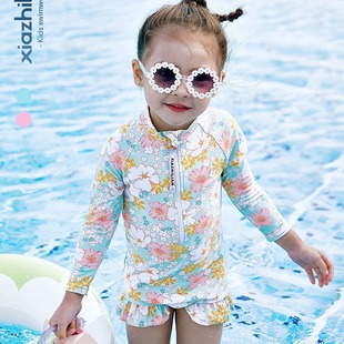 Korean Style Girls' Flower Swimsuit Children's One-piece Swimsuit Cute Baby Princess Long-sleeved Beach Surfsuit