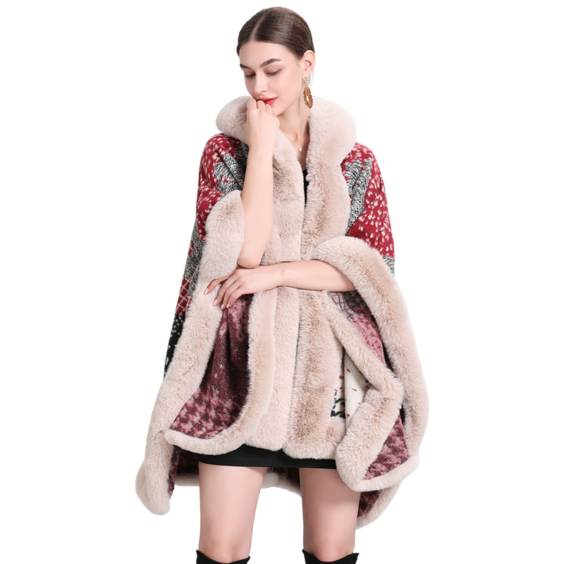 Jacquard fringe hooded cape cape loose knit cardigan plus-size woolen coat_voghion.com