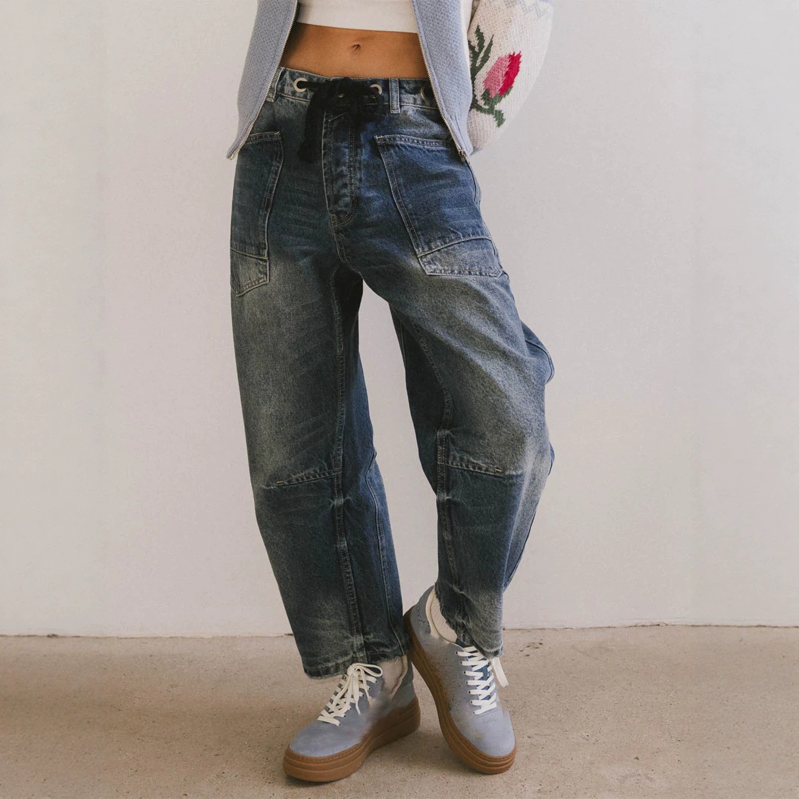 Jeans Rectos con Cordón para Mujer, Mezclilla de Algodón y Poliéster, Cintura Media, Corte Holgado, para Uso Casual