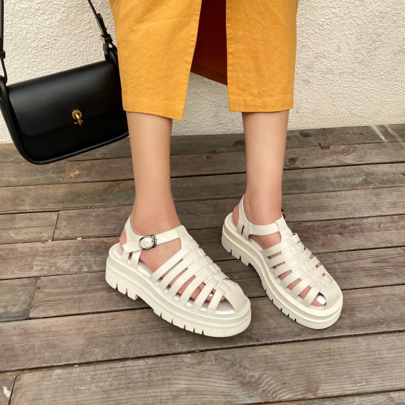 fashion plain color cross strap buckle thick flat sandals NSHU53018