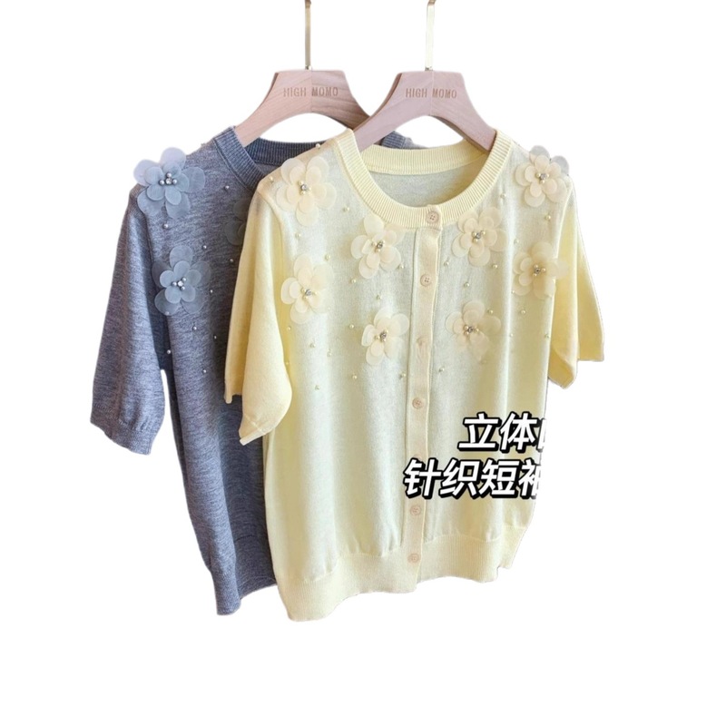 立体花瓣！精致风立体花朵钉珠天丝亚麻透气针织开衫女秋|undefined