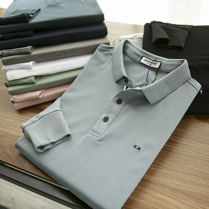 Модная брендовая мужская рубашка-поло из выстиранного пике с вышивкой, однотонная, повседневная, с отложным воротником, с длинным рукавом, осенняя коллекция
