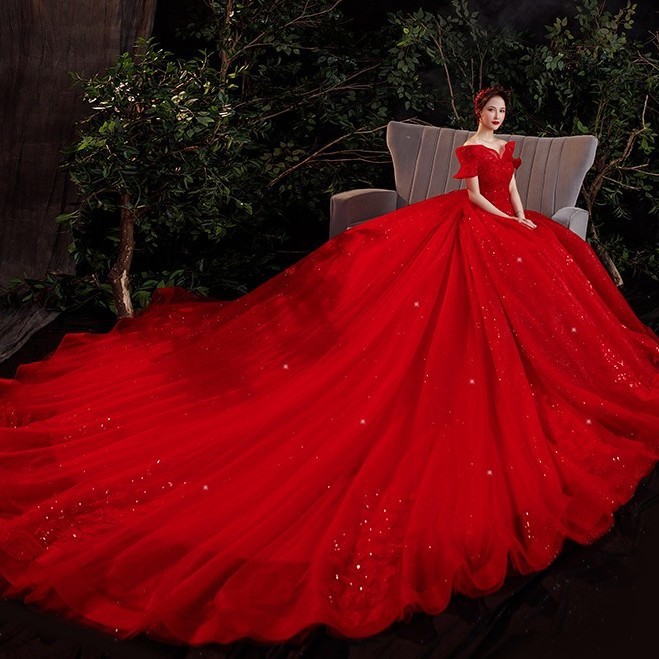 Vestido de novia principal de un solo hombro 2023 nueva novia Mori Red Super Fairy Dream Starry Sky French Light Luxury Cola