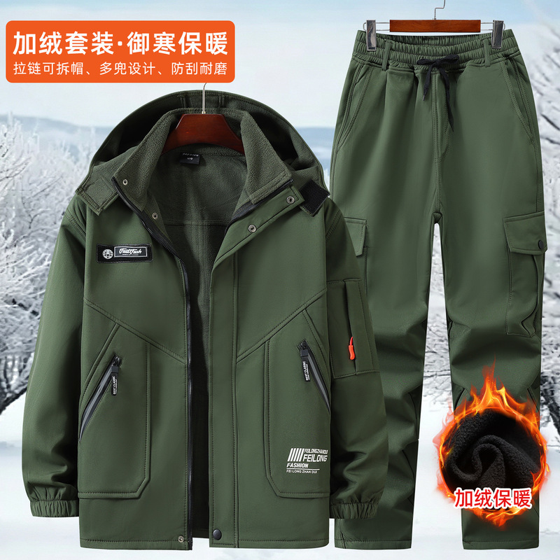 Cross-border autumn and winter fleece-lined, thickened, three-in-one windproof jacket set, providing warmth and protection for outdoor activities, hiking, leisure wear, and work