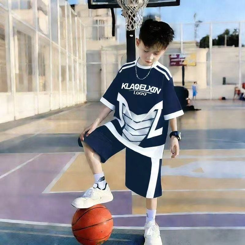 Boys' quick-dry breathable short-sleeve shirt two-piece set, summer sports suit for older children, direct from the factory, no tags