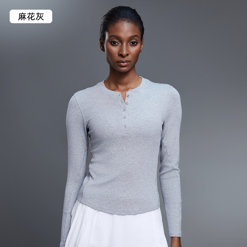 モダールヘンリーシャツ レディース スリムフィット ラウンドネック スポーツ ヨガウェア 長袖Tシャツ ランニング フィットネス トップス D25146|undefined