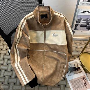 2025 American Style Retro Motorcycle Style Vertical Collar Leather Jacket Men's Trendy Brand Design Stitching Loose Jacket