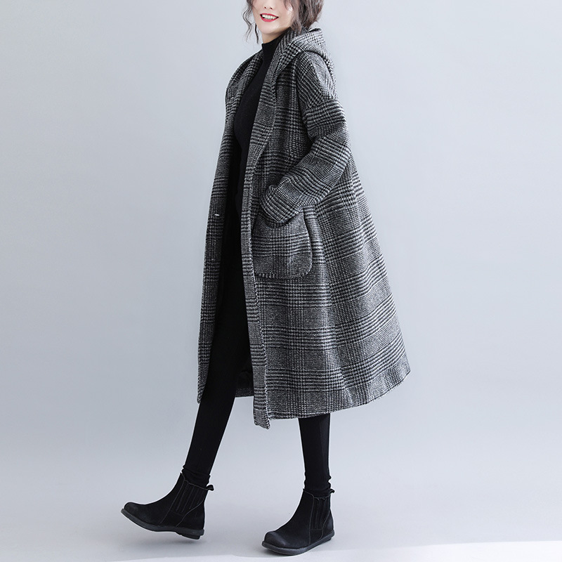 Abrigo de lana de longitud media con estampado de pata de gallo, estilo japonés y coreano, elegante, nuevo estilo de invierno 2024, 4 colores, talla grande, ropa para mujer