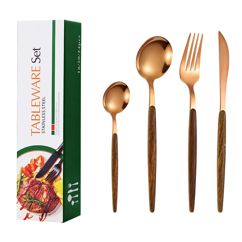 Amazon Portugal traje de vajilla de acero inoxidable Juego de 24 piezas de imitación mango de madera cuchillo de acero inoxidable, tenedor y cuchara traje de regalo