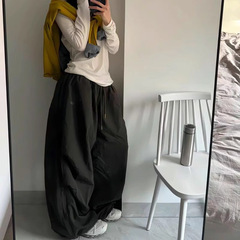 夏のレトロな速乾性カジュアルパンツ女性のハイウエストルーズアメリカン刺繍プリーツ防水作業着ジャズストリートダンスパンツ