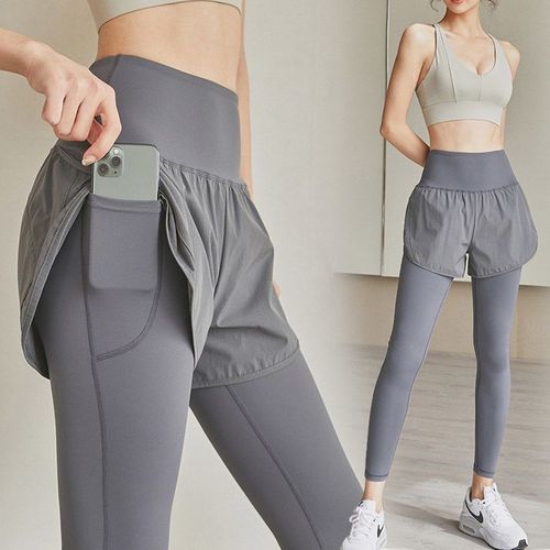 Women's High-Waist Yoga Pants with Butt-Lifting Outerwear False Two-Piece Fitness Running Training Sport Set Professional Quick-Dry Pants