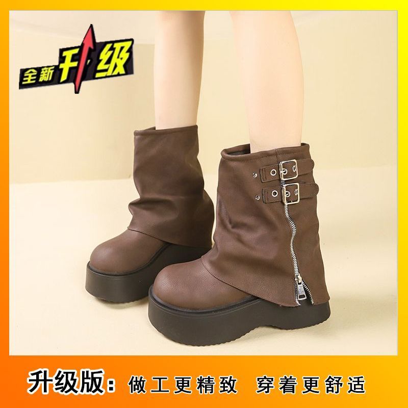 甘くてクールなホットガールスタイルのオートバイパンツブーツウェッジヒールプラットフォームマーティンブーツ厚底ショートブーツ女性のための 2025 秋の新スタイル|undefined