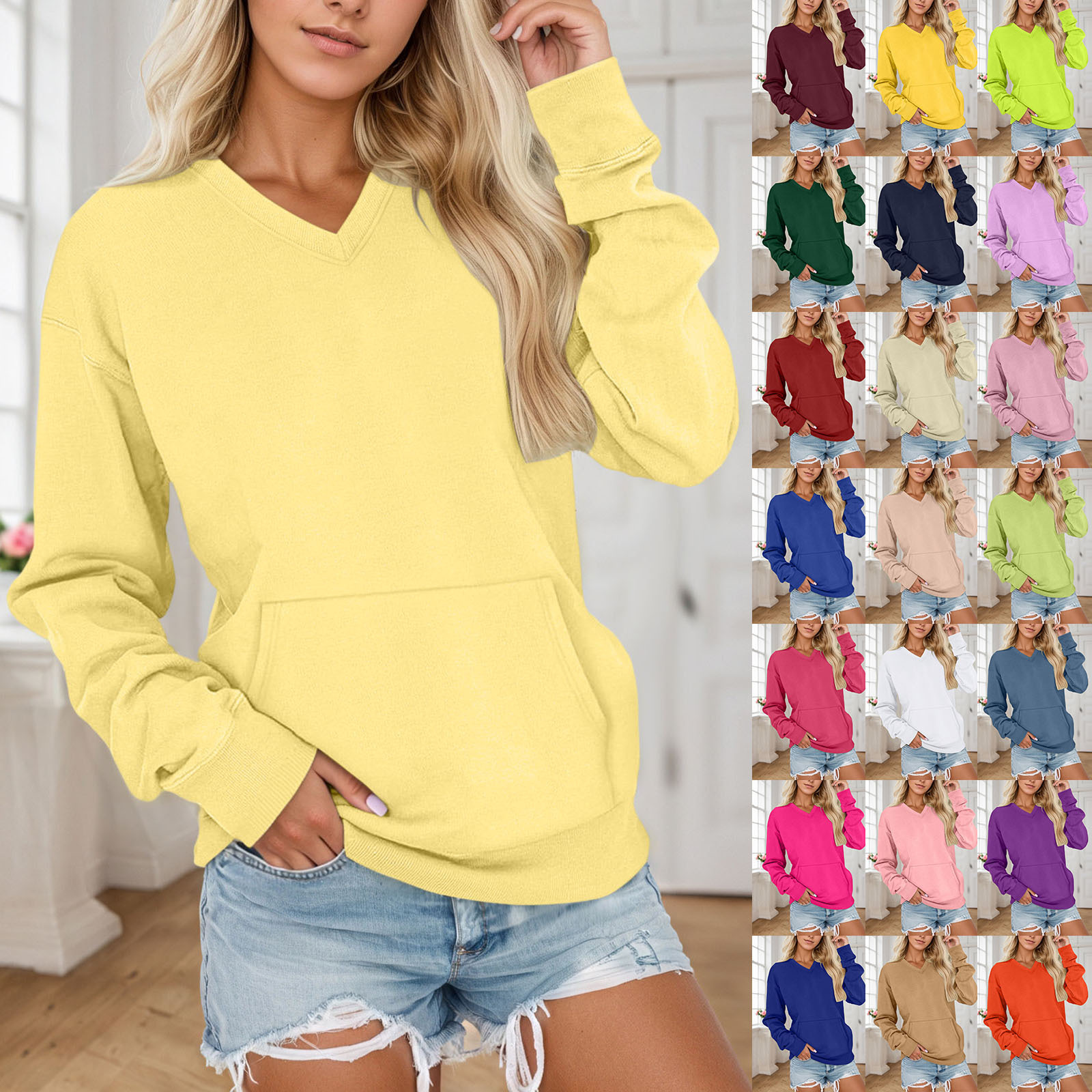 2025 European and American Style Autumn and Winter New Amazon Pocket Pullover Solid Color V-Neck Loose Long-Sleeve Women's Sweatshirt