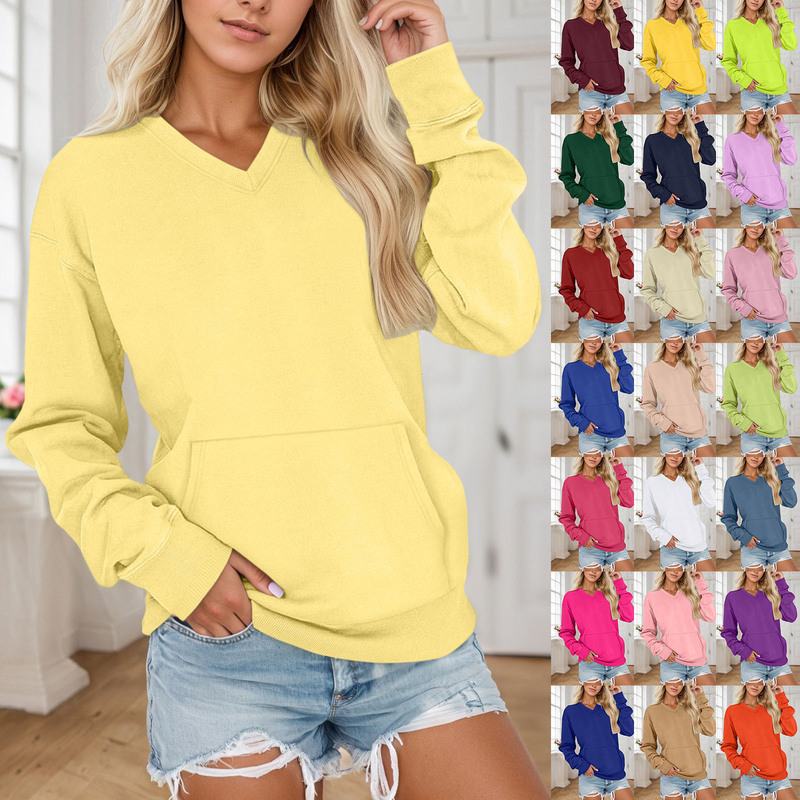 2025 European and American Style Autumn and Winter New Amazon Pocket Pullover Solid Color V-Neck Loose Long-Sleeve Women's Sweatshirt 2025 European and American Style Autumn and Winter New Amazon Pocket Pullover Solid Color V-Neck Loose Long-Sleeve Women's Sweatshirt