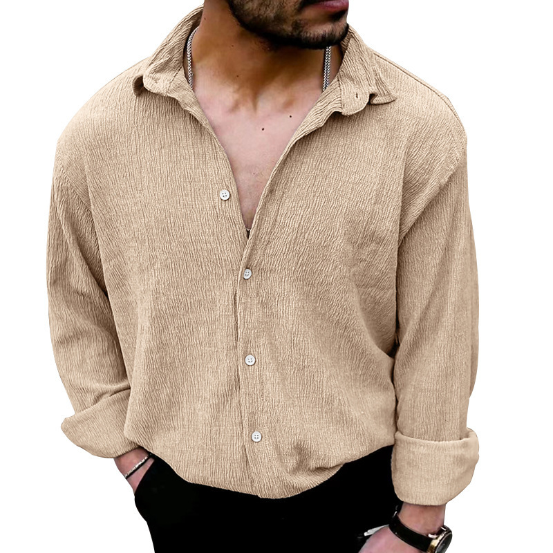 2023 European And American Men's New Product Wrinkle Fabric Cardigan Solid Color Casual Turn-down_voghion.com