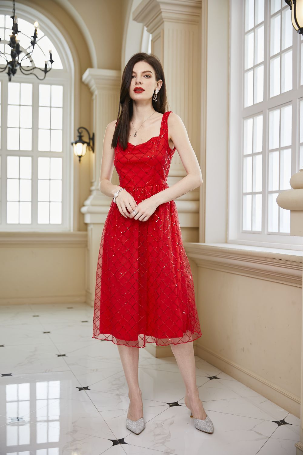 El comercio exterior de Europa y América nuevo vestido de Amazon sin mangas Delgado lentejuelas rojo banquete vestido rojo Vestido corto