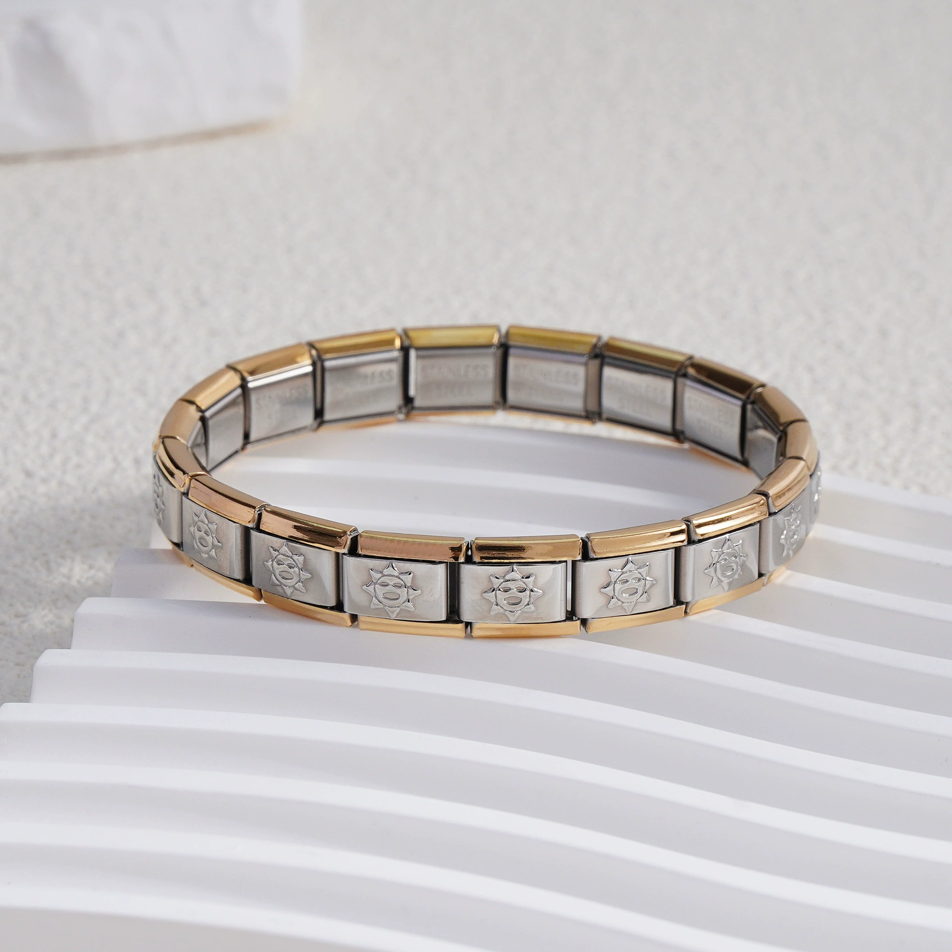 stainless steel bracelet, removable elastic link watch strap, italian european style, assorted charms