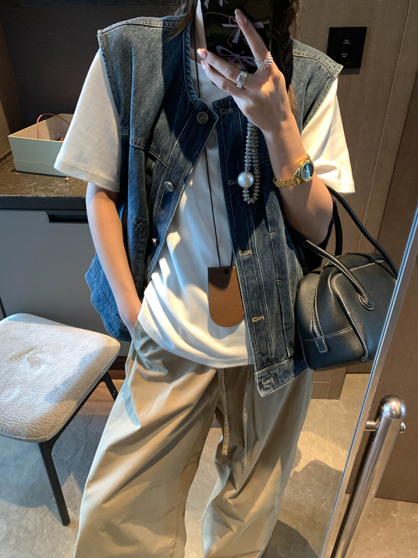 摩且 早秋新款 时髦设计感百搭圆领宽松无袖叠穿牛仔马甲MQ0667|undefined
