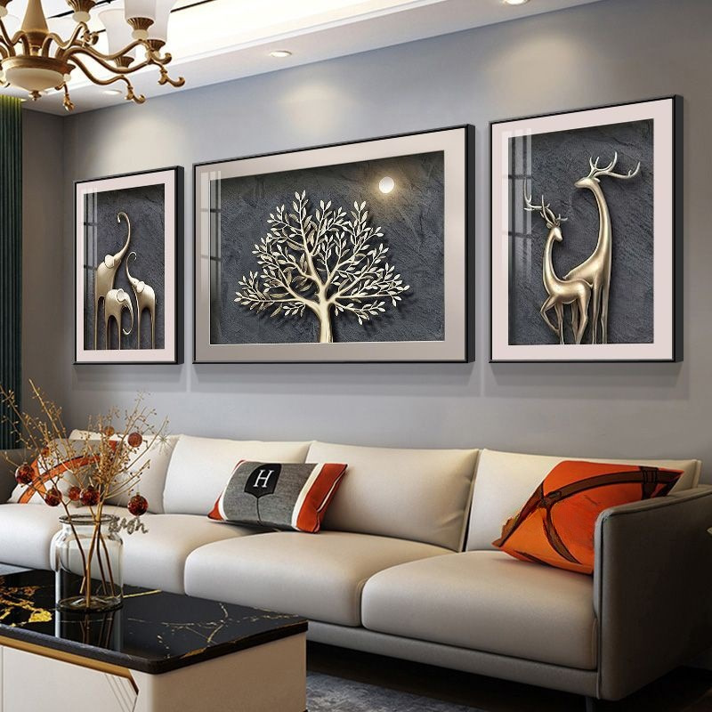Modern Light Luxury Living Room Decorative Painting, High-End Fortune Tree, Elk Sofa Background Wall Mural, Elephant Triptych