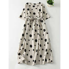 日韩现货2025春夏新款亚麻雨露麻旅行文艺原麻色印花波点连衣裙