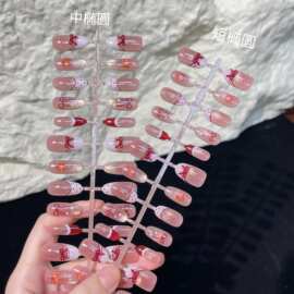 新款30片法式红色圣诞小熊樱桃卡通美甲分码可拆卸高级穿戴甲假指