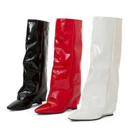 2022秋高跟高筒靴女靴子大码40-43外贸跨境成都翻折叠不过膝长靴