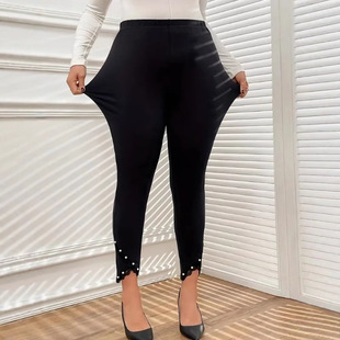 2025 Spring New Korean Style Leggings for Outerwear Thin Pearl Decorated Lace Splicing Women's Pencil Feet Nine Points