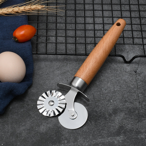 木柄双轮压花切割一体刀 面条切花器面包压花工具厨房烘焙小工具