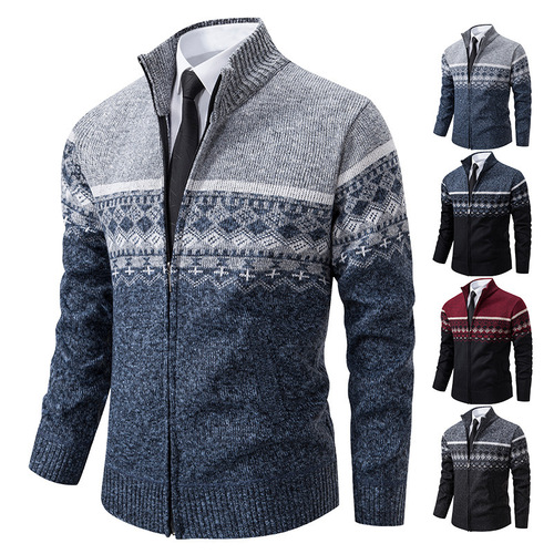 Men's Special Supply Fleece-lined Thick Knit Sweater Winter New Upright Collar Color-blocked Loose Cardigan Sweater Wholesale