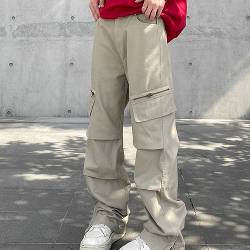 American Retro High Street Vibe Zipper Split Crease Khaki Work Pants for Men, Ins Trendy Straight Leg Micro-Wide Pants